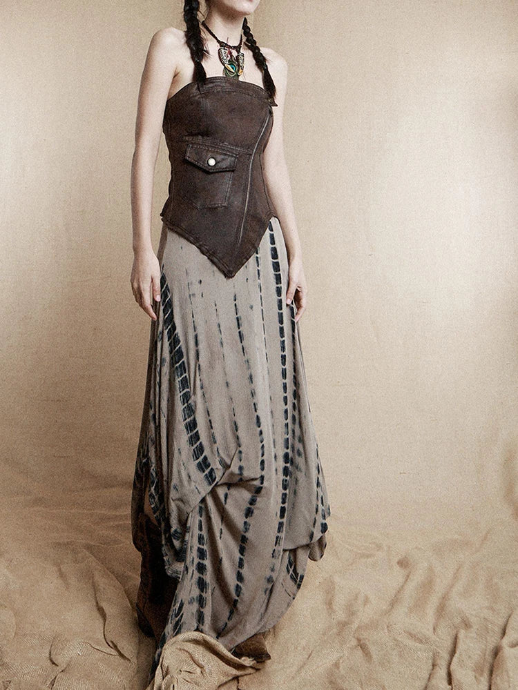 Women Brown Irregular Spliced Tie Dye Vintage Long Strapless Dress New Sleeveless Fashion Tide Spring Autumn 2025 1DH9375