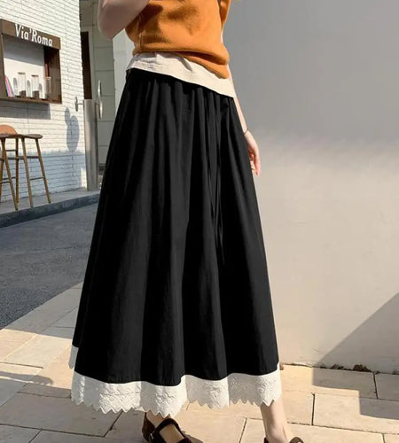 French Black White Patchwork Lace High Waist Vacation Pleated Long Skirt Spring Summe Women Retro Elegant Drawstring Party Skirt