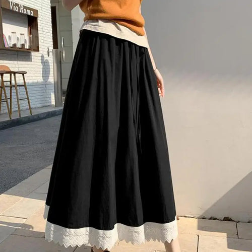 Load image into Gallery viewer, French Black White Patchwork Lace High Waist Vacation Pleated Long Skirt Spring Summe Women Retro Elegant Drawstring Party Skirt
