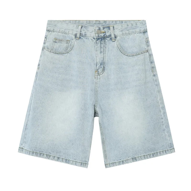 Summer Casual Men's Denim Shorts Loose Mid High Waist Fashion Knee Lenght Denim Pants Vintage Male New Chic Jeans 9A8588