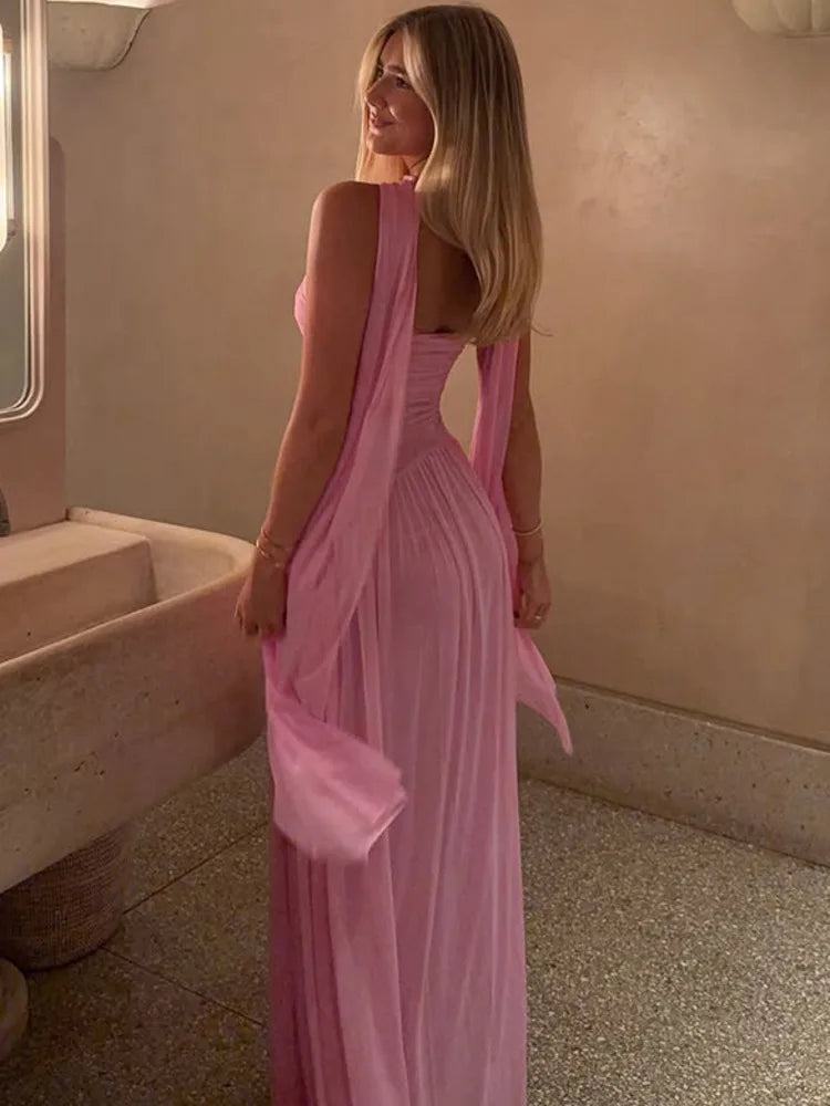 Scarf Collar Backless Sexy Maxi Dress For Women Gown Pink Strapless Off-shoulder Backless Mesh Long Dress Vestido