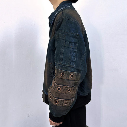 Load image into Gallery viewer, High Street Men Denim Padded Jackets Washing Trendy Worn-out Jacket Turn-down Collar Zipper Contrast Color Male Tops 9W1828
