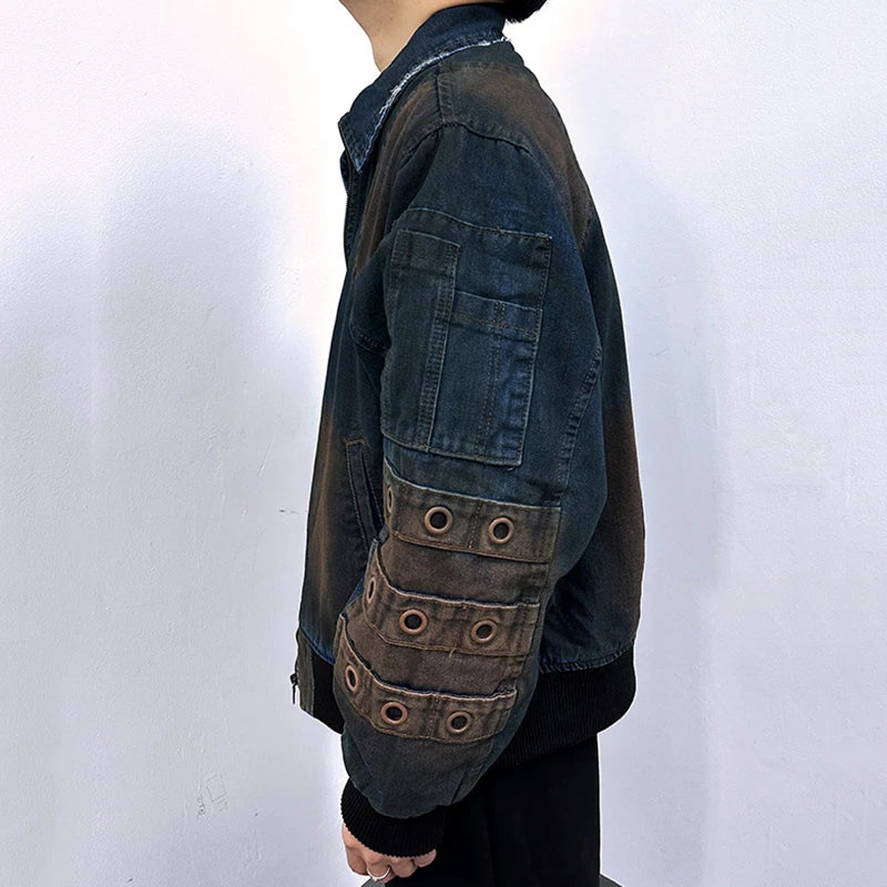 High Street Men Denim Padded Jackets Washing Trendy Worn-out Jacket Turn-down Collar Zipper Contrast Color Male Tops 9W1828