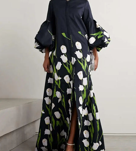 Elegant Floral Printed Stand Collar Shirts Long Dresses Womens Spring Lantern Sleeves Single-Breasted Trench Coats