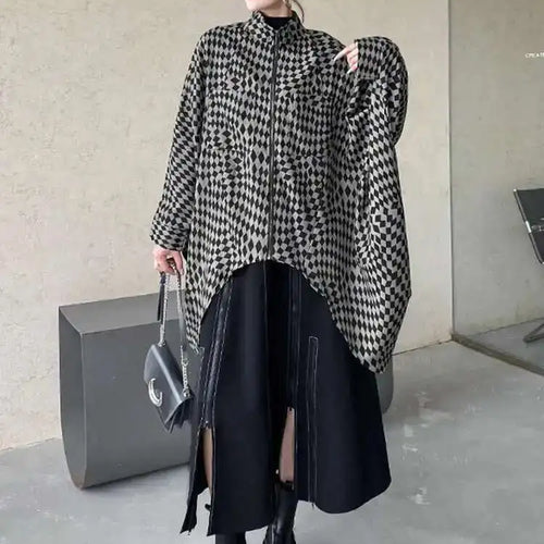 Load image into Gallery viewer, Khaki Plaid Irregular Back Drawstring Big Size Jacket New Stand Collar Women Coat Fashion Tide Spring Autumn 2025 1DF2764
