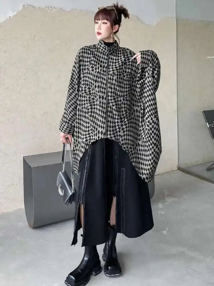 Khaki Plaid Irregular Back Drawstring Big Size Jacket New Stand Collar Women Coat Fashion Tide Spring Autumn 2025 1DF2764