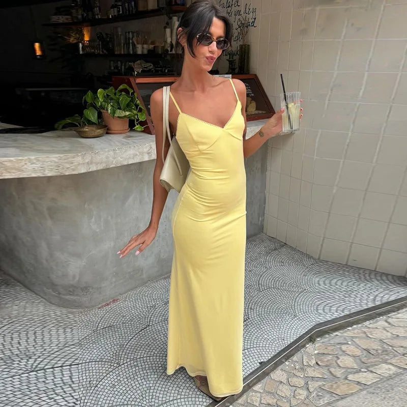 Spaghetti Strap Backless Sexy Maxi Dress For Women Gown Summer New Yellow Sleeveless Bodycon Long Dress Vestido