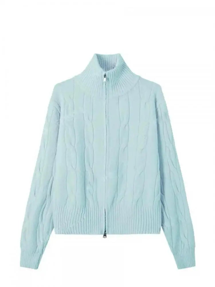 Vintage Elegant Women's Solid Knitted Cardigan Twists Sweater Autumn And Winter Long Sleeved Double Zipper Short Crochet Tops