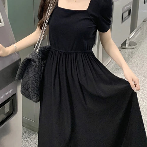 Load image into Gallery viewer, French Style Black Elegant Slim Women Dress Puff Sleeve Square Neck Split Fashion Female Dresses Summer Solid Color Dress
