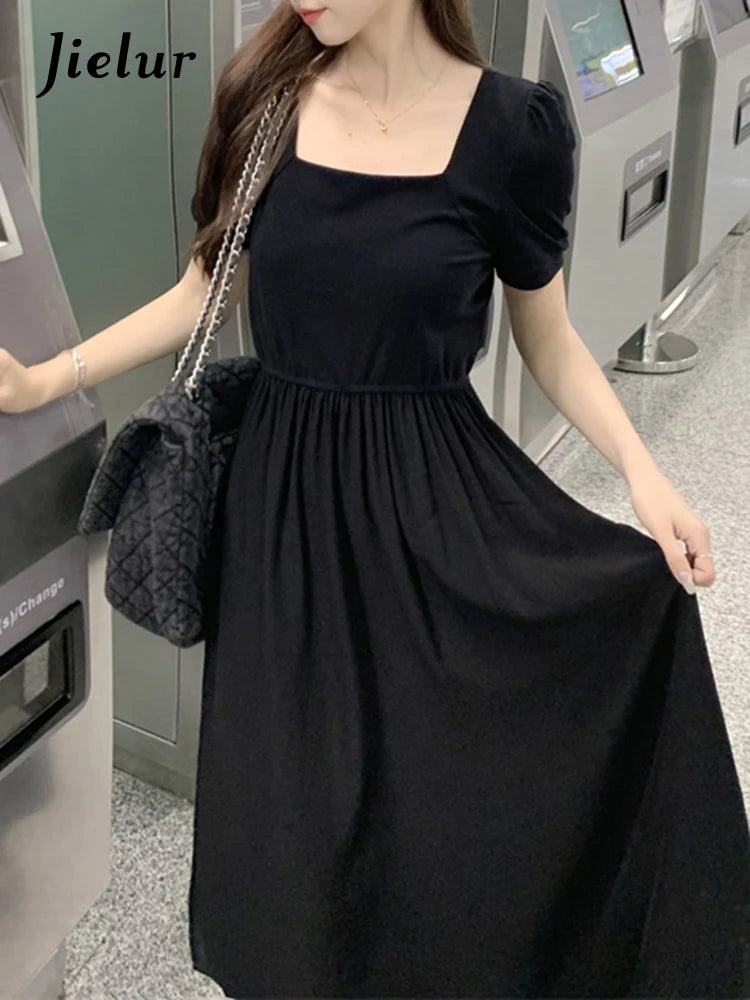 French Style Black Elegant Slim Women Dress Puff Sleeve Square Neck Split Fashion Female Dresses Summer Solid Color Dress