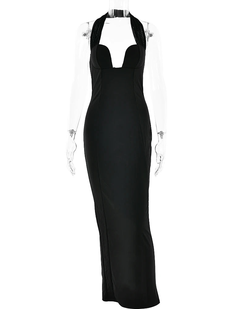 Sexy Sleeveless Mesh Patchwork Bodycon Long Dress Women's Elegant Backless Split Tight Party Club Evening Dress 2024