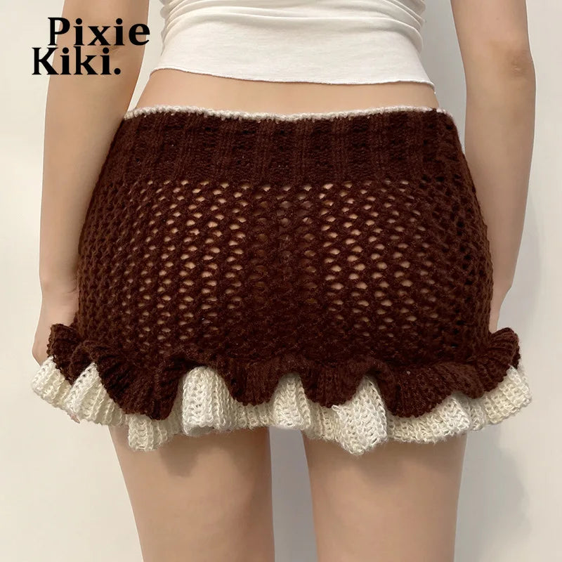 Kawaii Girls Y2k Knit Ruffled Fuzzy Skirt Lolita Style Winter Bottom Coquette Low Rise Mini Skirts for Woman P67-CG17