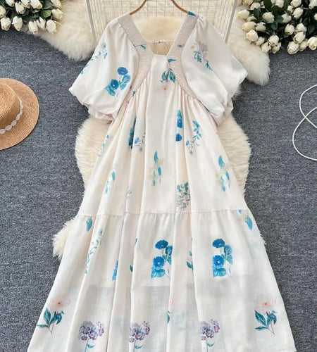 French Women Vintage Sweet Beige Printed Backless Party Long Dress Summer New Square Neck Short Sleeves Pleated Dress Bohemian
