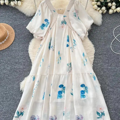 Load image into Gallery viewer, French Women Vintage Sweet Beige Printed Backless Party Long Dress Summer New Square Neck Short Sleeves Pleated Dress Bohemian
