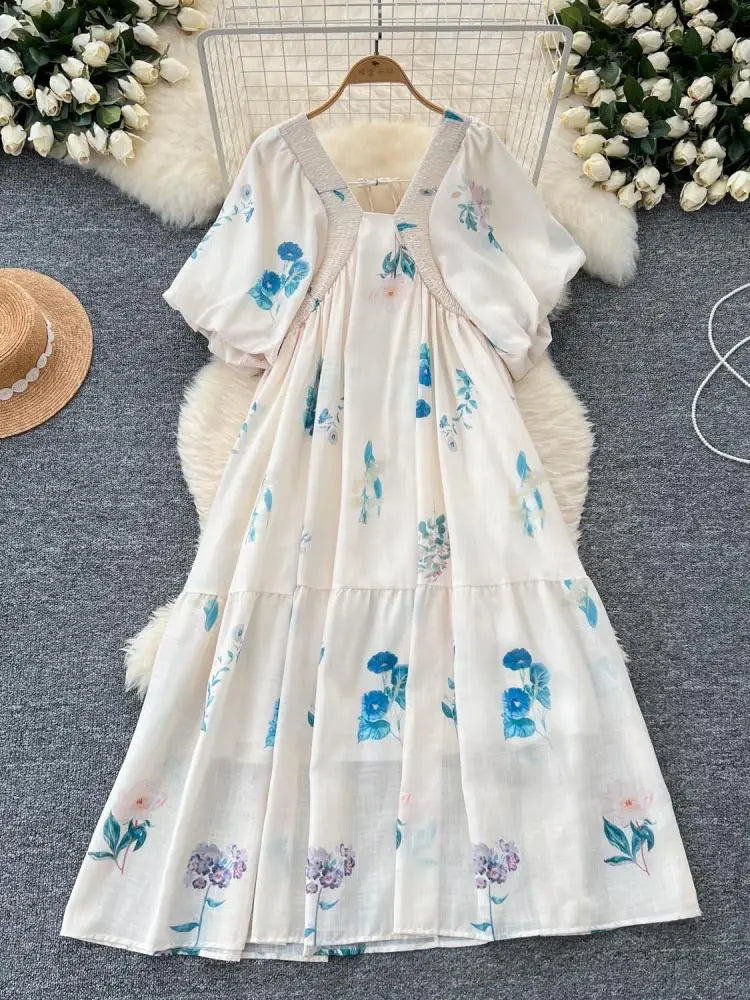 French Women Vintage Sweet Beige Printed Backless Party Long Dress Summer New Square Neck Short Sleeves Pleated Dress Bohemian