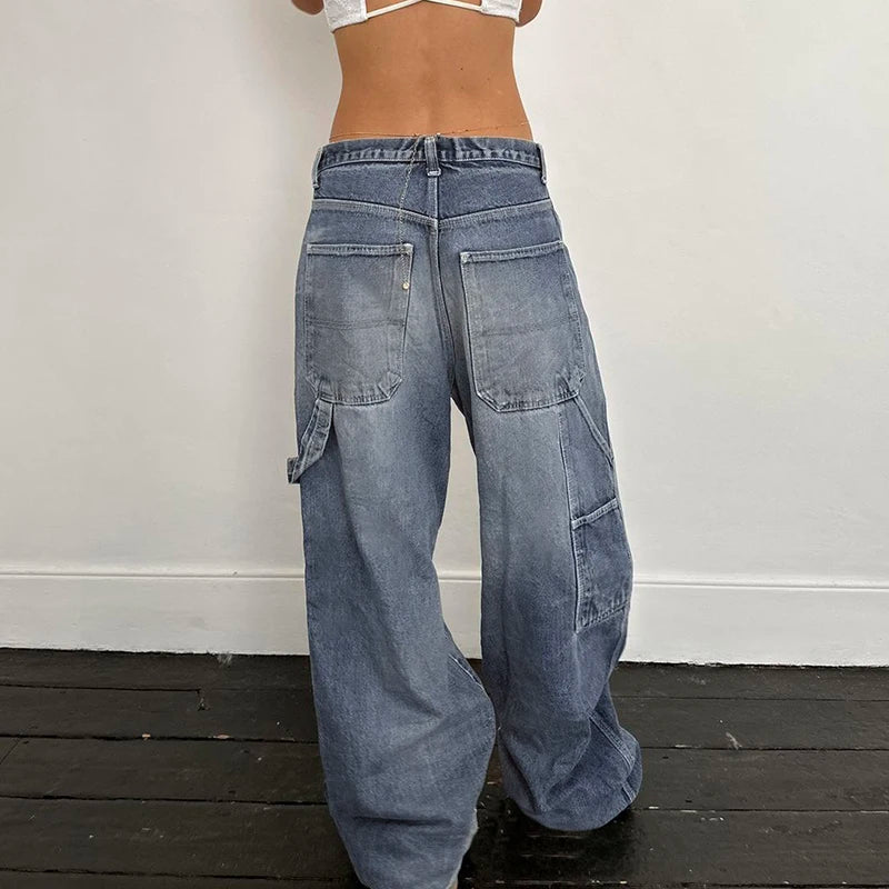 Casual Loose Low Waist Baggy Jeans Women Hole Straight Leg Washed Streetwear Pockets Denim Trousers Distressed Bottom