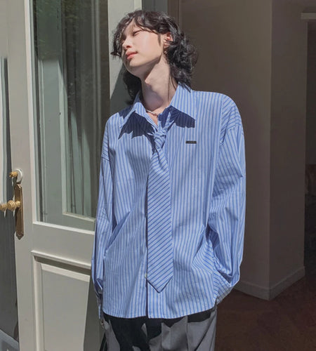 Spring Men's Long Sleeve Shirts New Striped Tie College Style Loose Casual Male Turn-down Collar Clothing 2025 9W1448