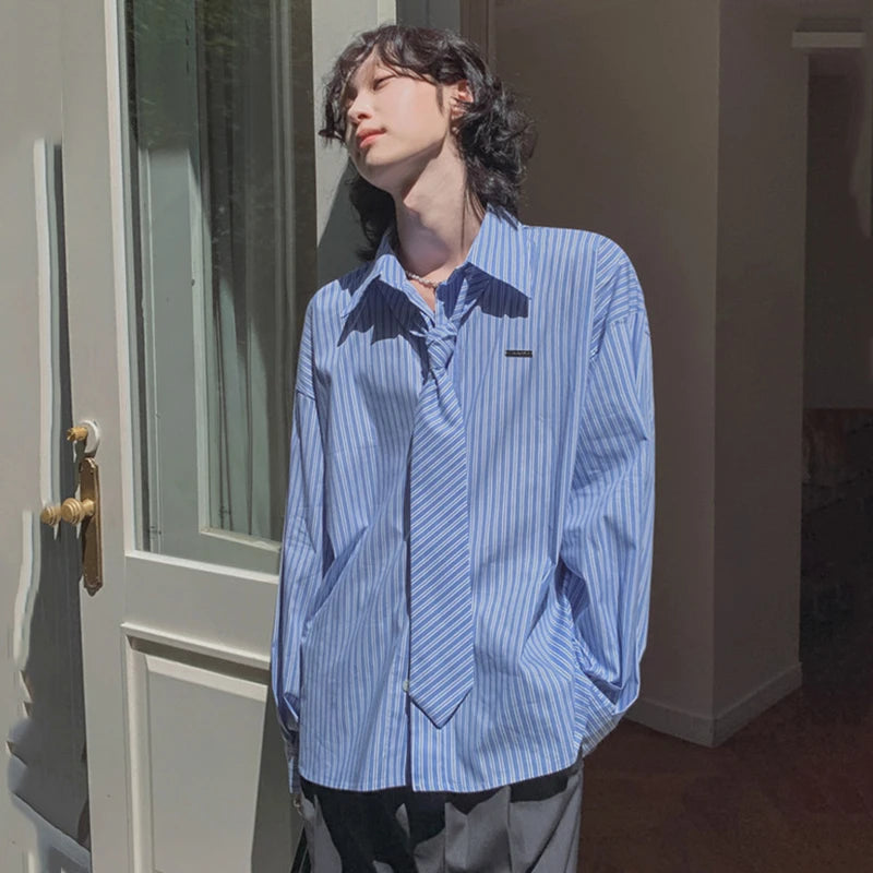 Spring Men's Long Sleeve Shirts New Striped Tie College Style Loose Casual Male Turn-down Collar Clothing 2025 9W1448