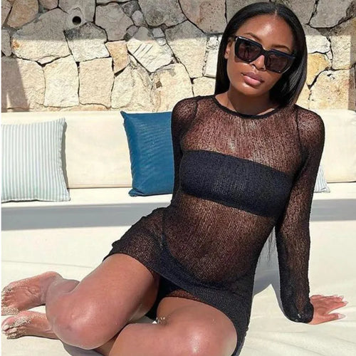 Load image into Gallery viewer, Sexy Hollow Out Perspective Tight Long Sleeve Dress Women Cover Up Sunscreen Beach Mini Dress Female Fashion Party Club
