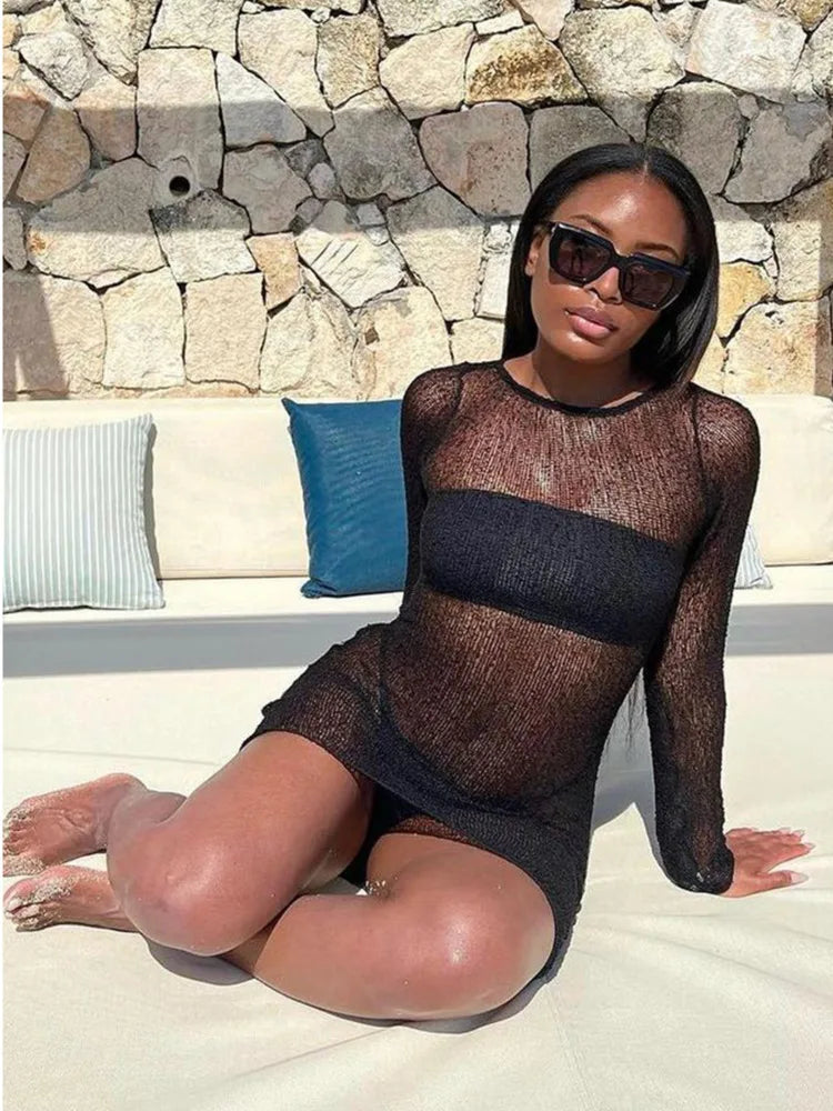 Sexy Hollow Out Perspective Tight Long Sleeve Dress Women Cover Up Sunscreen Beach Mini Dress Female Fashion Party Club