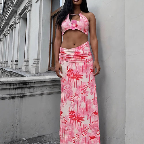 Load image into Gallery viewer, Vacation Fashion Patchwork 2 Piece Set Women Pearls Necklace Halter Applique Crop Tops+Skinny Skirts Beach Style Suit
