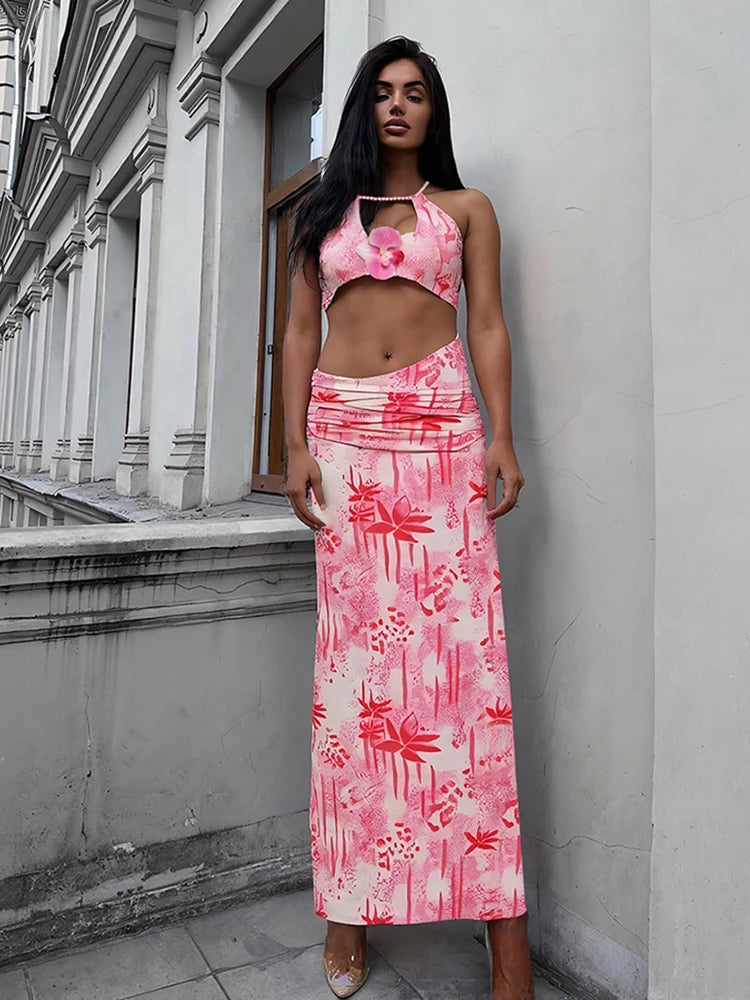 Vacation Fashion Patchwork 2 Piece Set Women Pearls Necklace Halter Applique Crop Tops+Skinny Skirts Beach Style Suit