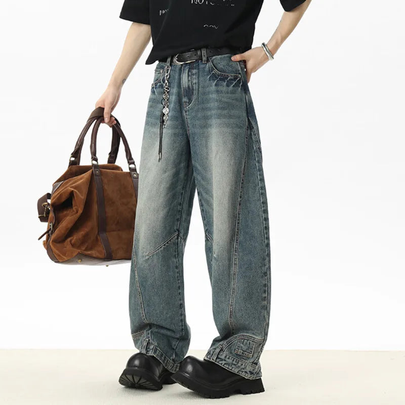 Men's Jeans New American Curved Knife Design Splicing Inverted Tide Male Toursers High Street Light Flare Bottoms 9W1534