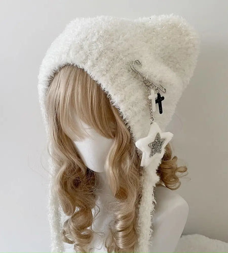 Y2K Cute Star Knitted Beanie Hat Ins Cute Japanese Gorras Knitting Wool Warm Cap Autumn Winter Cat Ears Pointed Women Hats