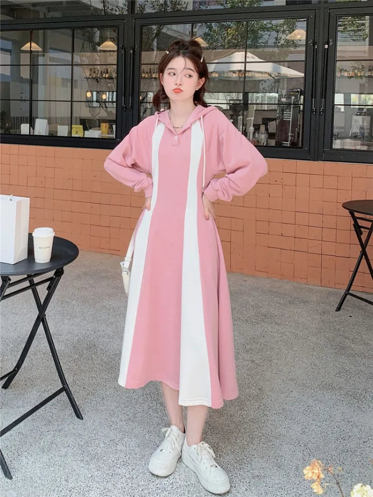 Korean Style School Hooded Dress Women Y2k Sport Casual Oversize Dresses Student Kpop Streetwear Autumn Witner