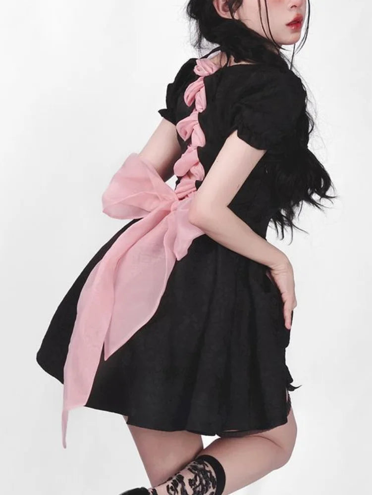 Y2k Gothic Harajuku Bandage Dress Women Sweet Girl Goth Kawaii Cute Lolita Puff Sleeve Black Short Dresses