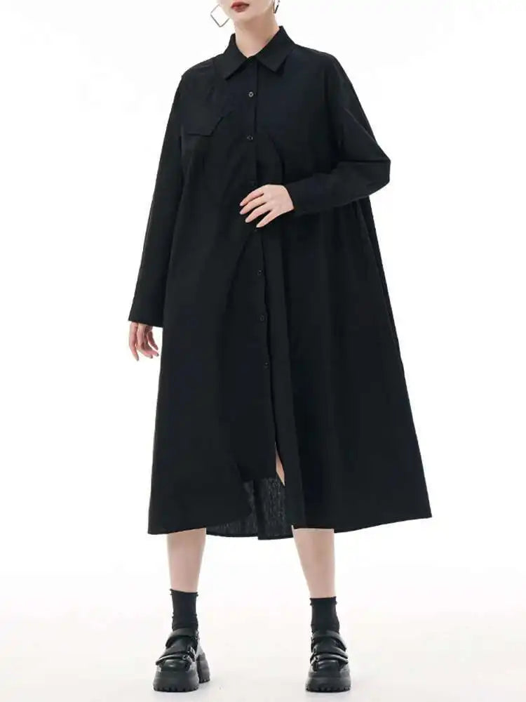 Women Purple Irregular Spliced Big Size Shirt Dress New Lapel Long Sleeve Loose Fit Fashion Spring Autumn 2025 1DH0654