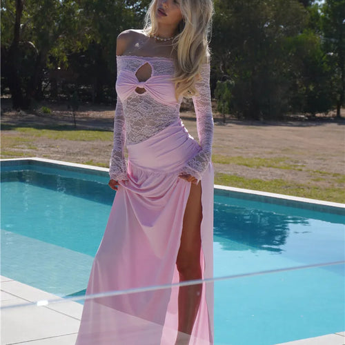 Load image into Gallery viewer, Lace Hollow Out Sexy Maxi Dress Women Gown Off-shoulder Strapless Long Sleeve Backless Split Pleated Long Dress
