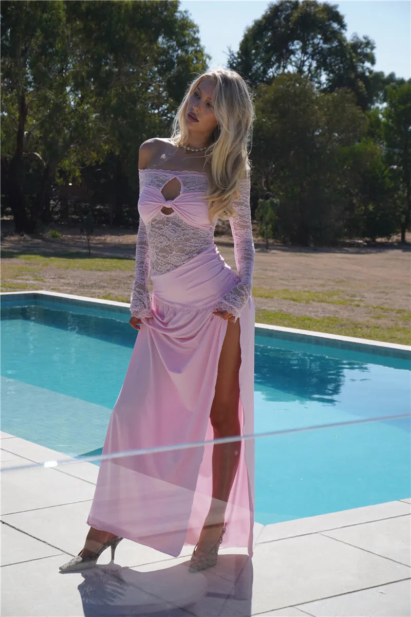 Lace Hollow Out Sexy Maxi Dress Women Gown Off-shoulder Strapless Long Sleeve Backless Split Pleated Long Dress