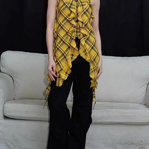 Load image into Gallery viewer, Hit Color Check Slimming Chic Vests For Women O Neck Sleeveless Minimalist Irregular Vest Female Fashion Style New
