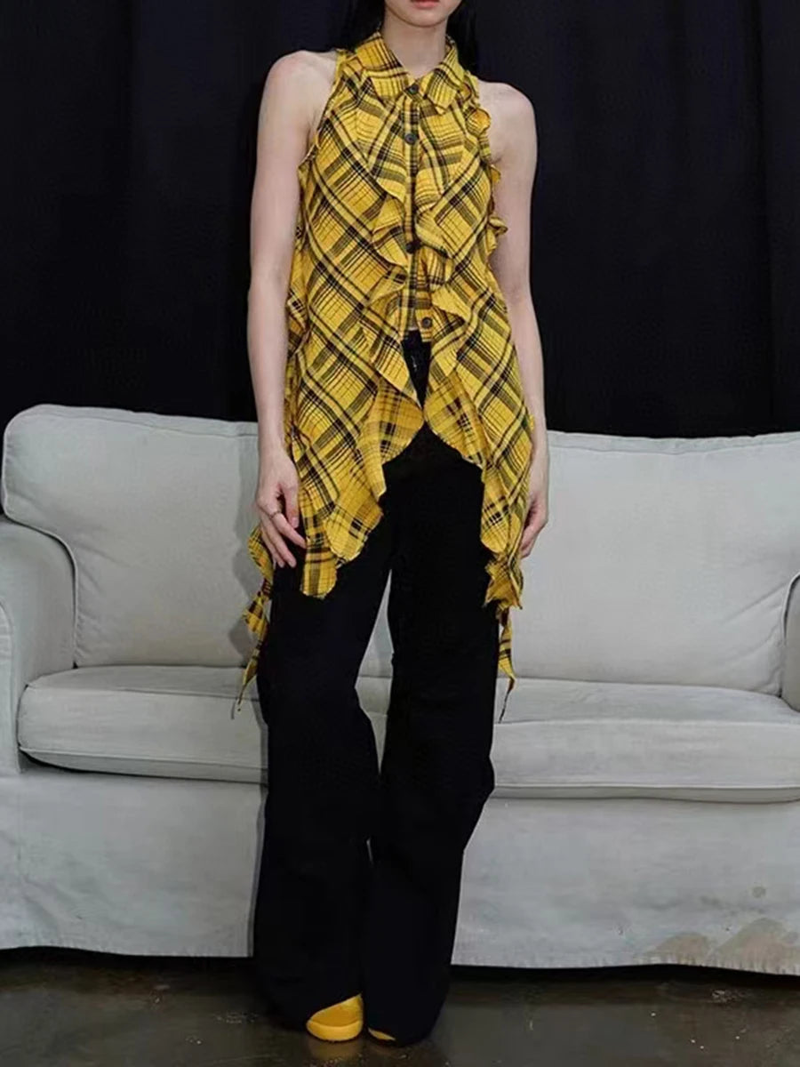 Hit Color Check Slimming Chic Vests For Women O Neck Sleeveless Minimalist Irregular Vest Female Fashion Style New