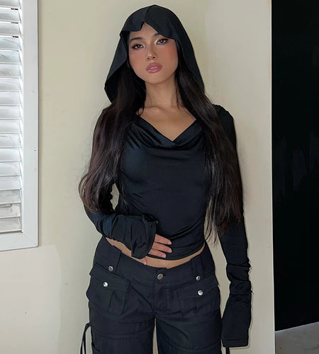 Long Sleeve Black Hooded Fitness Autumn Tee Shirts Slim Basic Casual Female T-shirts Swinging Collar Elegant Top Goth