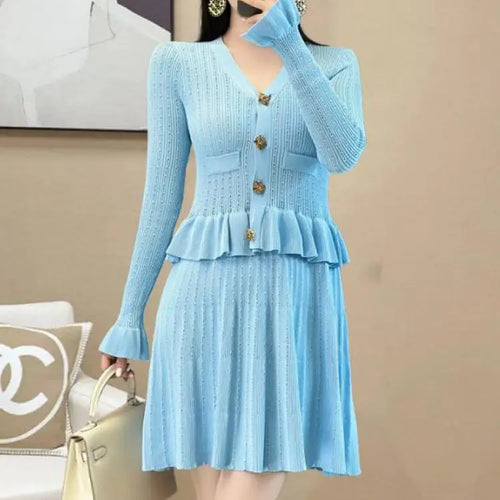 Load image into Gallery viewer, French Retro Women Black White V Neck Elegant Slim Long Sleeved Ruffles Dress Spring Single Breasted Office Knitted Short Dress
