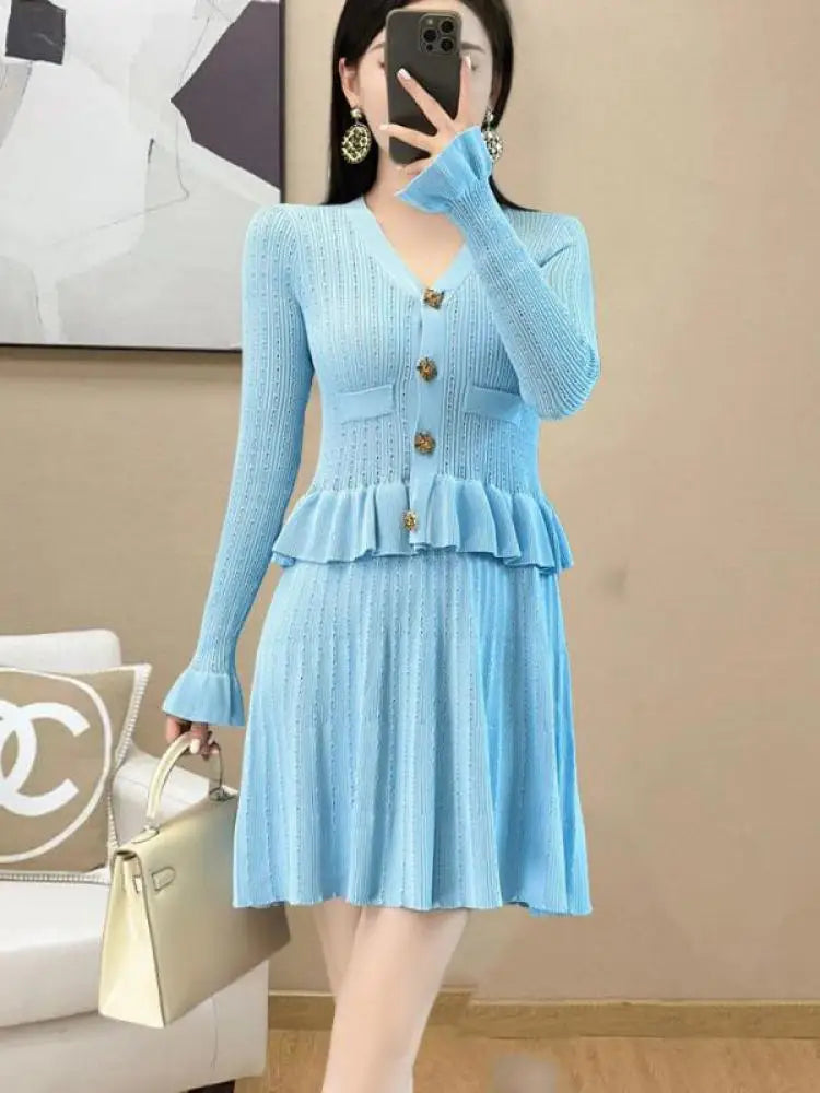 French Retro Women Black White V Neck Elegant Slim Long Sleeved Ruffles Dress Spring Single Breasted Office Knitted Short Dress