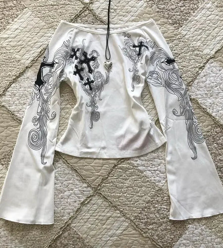 Flare Sleeve Print Woman T Shirts Slash Neck White Tees Temperament Camisetas 2024 Ropa Mujer Vintage Sexy Y2k T-shirts Tops