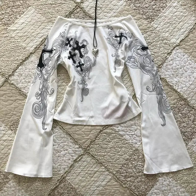 Flare Sleeve Print Woman T Shirts Slash Neck White Tees Temperament Camisetas 2024 Ropa Mujer Vintage Sexy Y2k T-shirts Tops