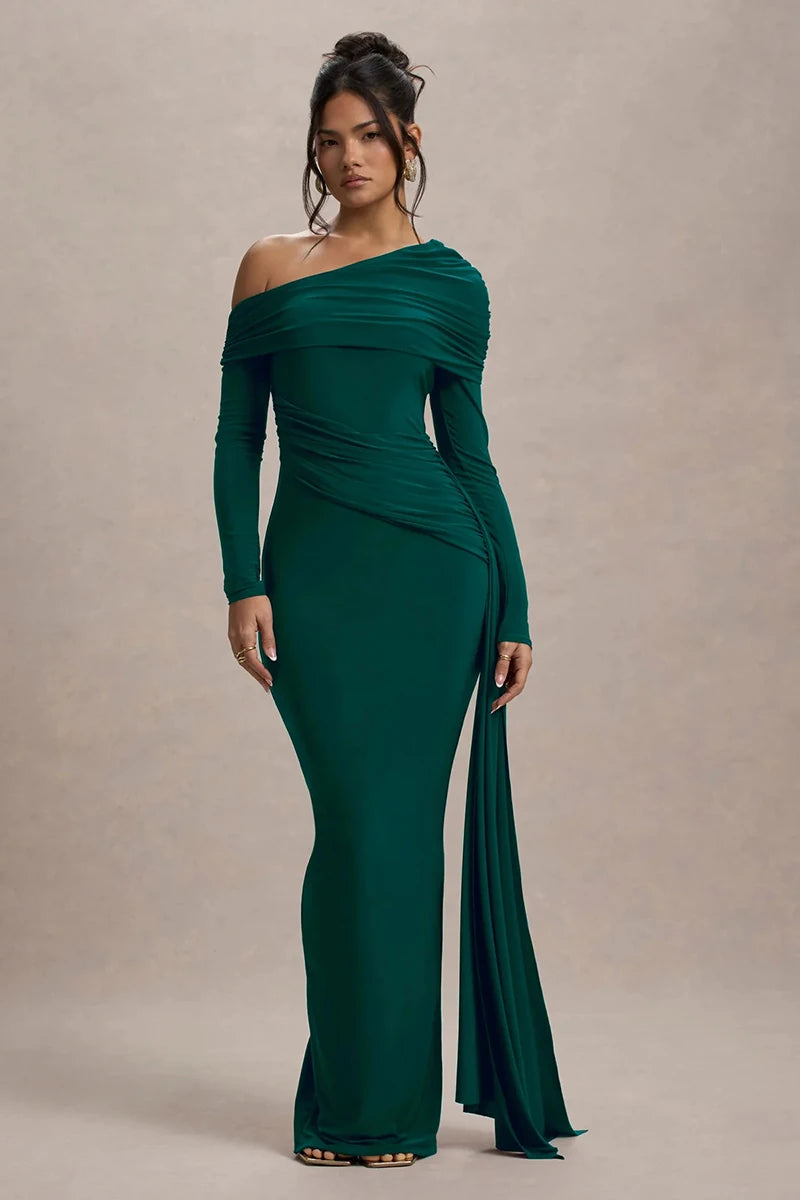 Skew Collar Long Sleeve Sexy Maxi Dress For Women Gown Fashion Backless Draped Ruched Bodycon Club Long Dress Elegant