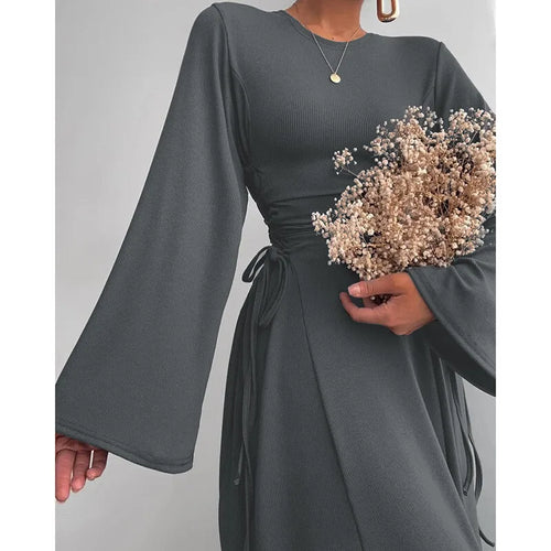 Load image into Gallery viewer, Ribbed Bandage Sexy Maxi Dress For Women Solid Lace-up O Neck Long Sleeve High Waist Elegant Long Dress Fashion
