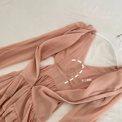 Load image into Gallery viewer, French Pink Diamond Long Sleeved High Waist Pleated Dress For Women Spring Autumn 2025 New Hollow Out Ruffles Vacation Dress New
