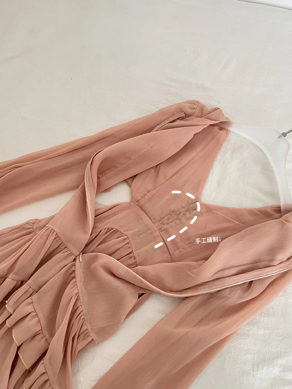 French Pink Diamond Long Sleeved High Waist Pleated Dress For Women Spring Autumn 2025 New Hollow Out Ruffles Vacation Dress New