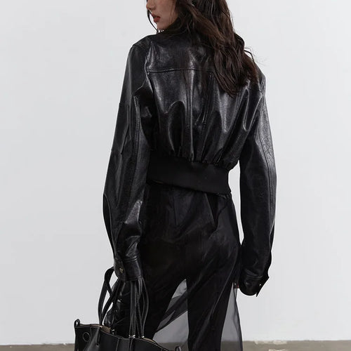 Load image into Gallery viewer, Black Pu Leather Zipper Slit Irregular Jacket New Lapel Long Sleeve Women Coat Fashion Tide Spring Autumn 2025 1DH4723
