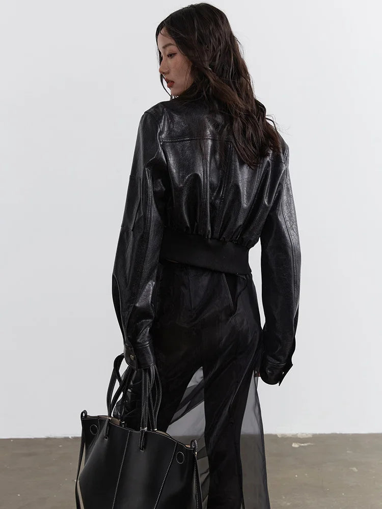 Black Pu Leather Zipper Slit Irregular Jacket New Lapel Long Sleeve Women Coat Fashion Tide Spring Autumn 2025 1DH4723