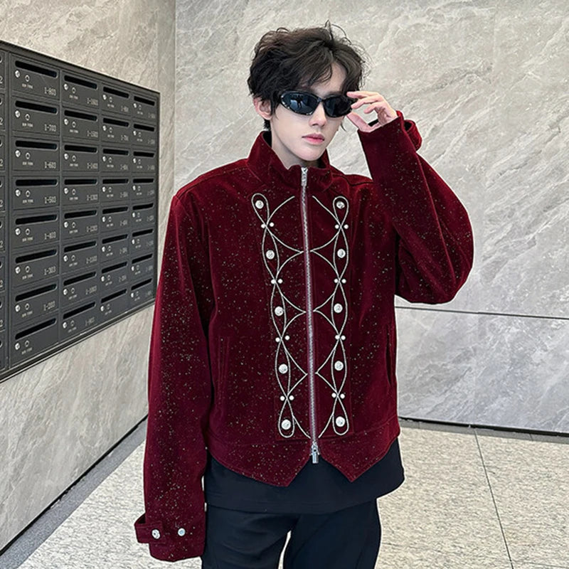Men's Jackets New Korean Style Embroidery Nail Bead Flash Zipper Stylish Stand Handsome Male Spring Tops 2025 9W1936