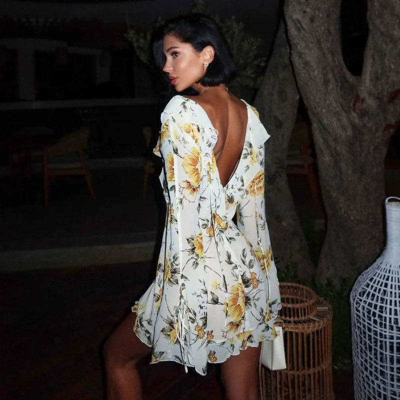 Sexy Long Sleeve Flower Deep V-neck Print Backless Mini Dress For Women Slim Lace-Up Club Party Dress Ladies Outfits
