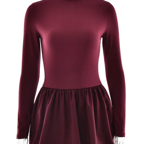Load image into Gallery viewer, Turtleneck Long Sleeve Sexy Mini Dress For Women Robe Fashion Burgundy Patchwork High Waist A-line Club Pleated Dress
