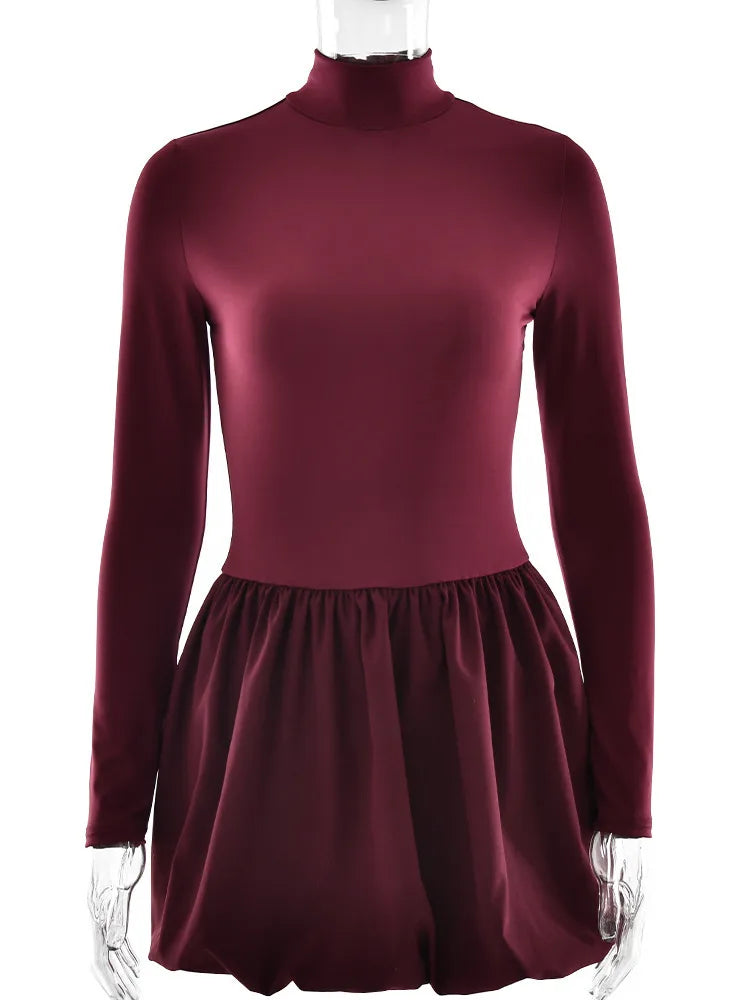 Turtleneck Long Sleeve Sexy Mini Dress For Women Robe Fashion Burgundy Patchwork High Waist A-line Club Pleated Dress